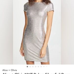 Alice + Olivia Delors SS Fitted Metallic Silver Mini Dress